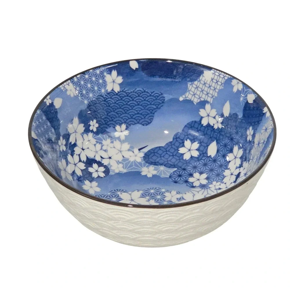 SH Home Blue Floral Ceramic Ramen Noodle Bowl 49oz With Chopsticks And Spoon 4pc
